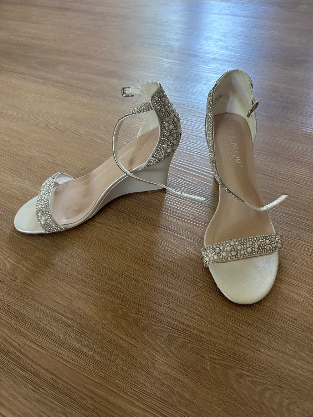 De Blossom Collection Ivory Beaded Wedge Sandals with Ankle Strap